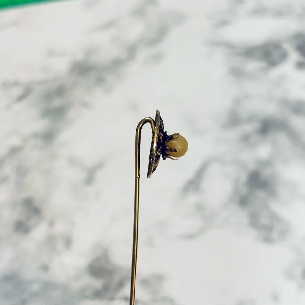 Vintage Gold Tone Faux Pearl Stick Pin Hat Brooch Sun Flower Sunflower